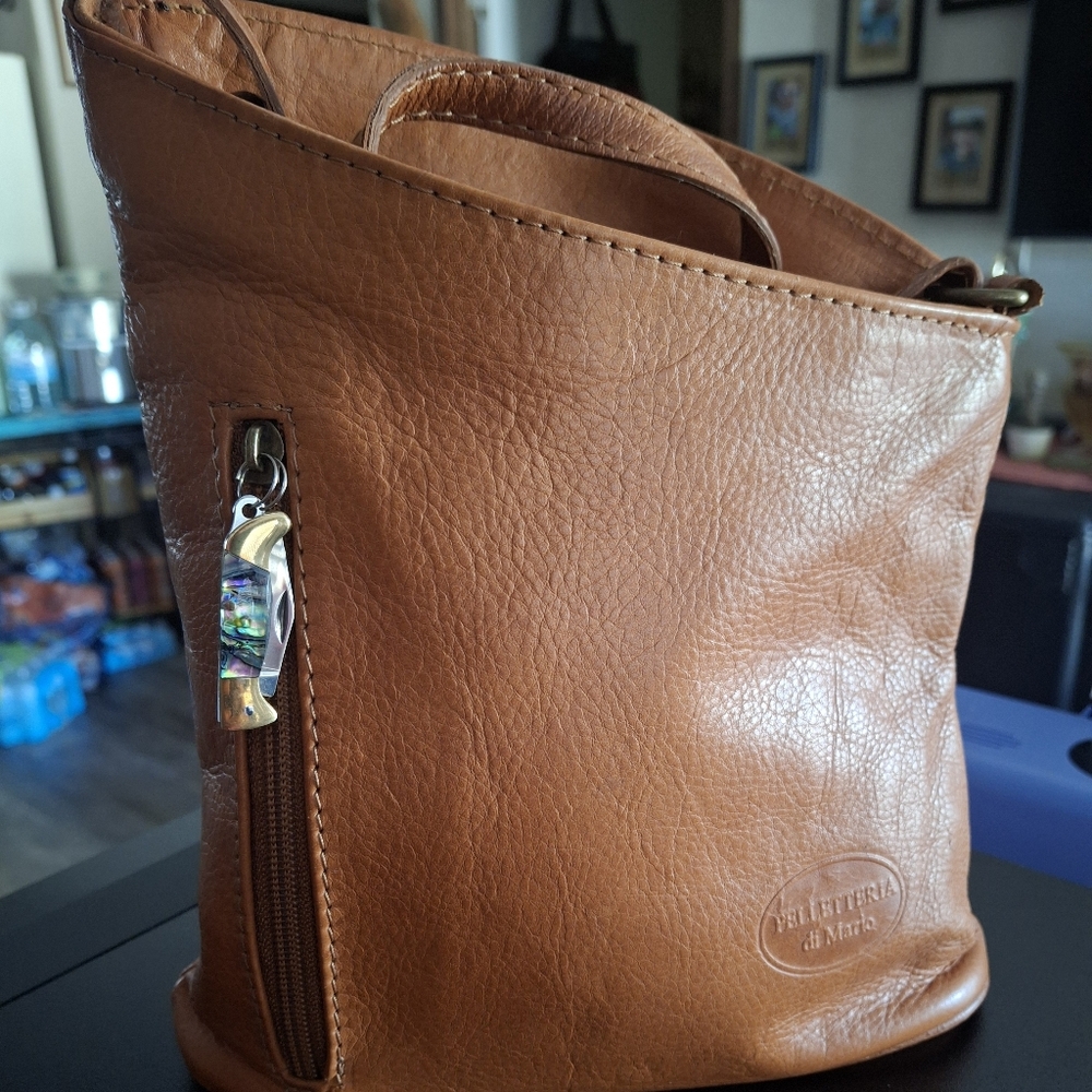 Tan Leather Crossbody Bag with Embossed Logo